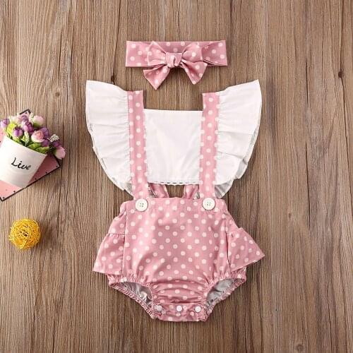 New 2pcs Baby Girl Pink Polka Dot Romper Ruffle Tops Jumpsuit Floral Shorts Clothes Outfits Summer New