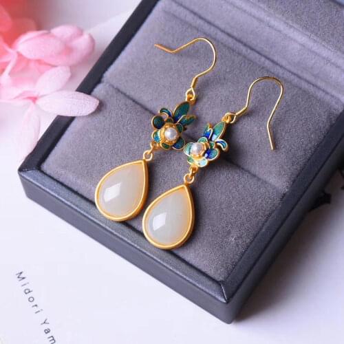 Original design natural Hetian white jade enamel water drop earrings Chinese retro court charm women silver jewelry