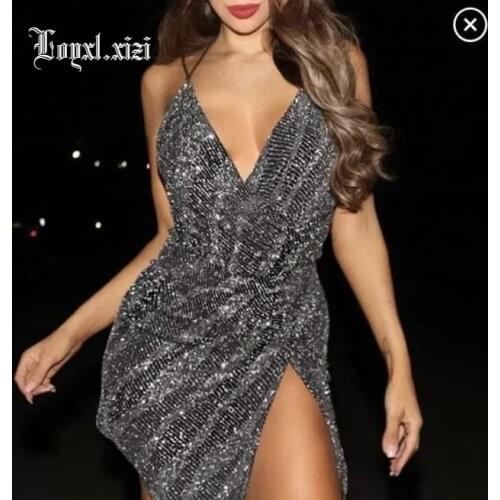 2018 Spring Fashion European Style Backless Shiner Thin Women Split Slip Dress LQ0013