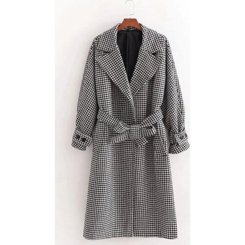 Vintage Elegant With Sashes Houndstooth Plaid Woolen Long Jacket Female Fashion Chic Side Pockets Lapel Collar Coat Outerwear