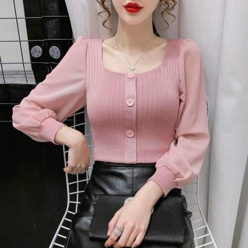 Womens Spring Autumn Style Blouse Shirt Womens Square Neck Solid Color Button Puff Sleeve Elegant Slim Tops SP1062