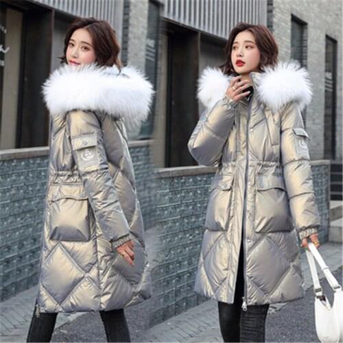 2021 Winter Fashion New Mid-Length Bright Face Big Fur Collar Hooded Long-Sleeved Thick Warm Cotton Jacket Female Trend 043