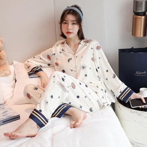 Women Pajamas Sets High Quality Pajamas Summer Two-piece Cardigan Luxury Long sleeve Ice silk Pajamas Cartoons Fashion Homewear