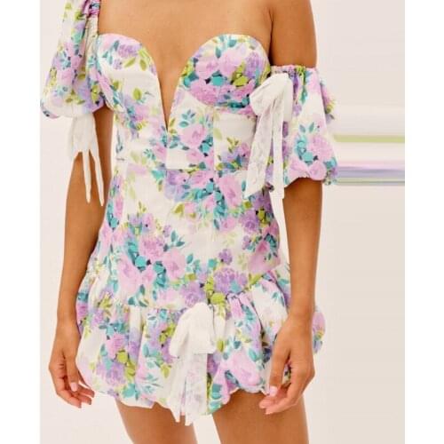 Vestidos 2021 Summer Dress Sexy Party Short Y2k Womens Lace Bow Tie Puff Sleeve V-neck Dresses Elegant Floral Print Mini Dress