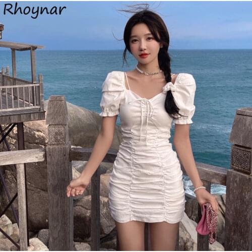 Women Dress Summer Folds Sexy Mini Empire Puff Sleeve Korean Style Elegant Fashion Street Harajuku Party Slim Breathable Cozy