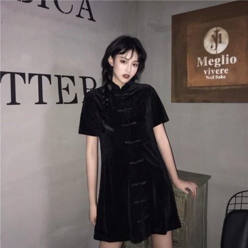 Gothic Dark Women Dress Cheongsam Chinese Style Qipao Streetwear Short Sleeve Black Vintage Harajuku Summer Woman Clothing 12704