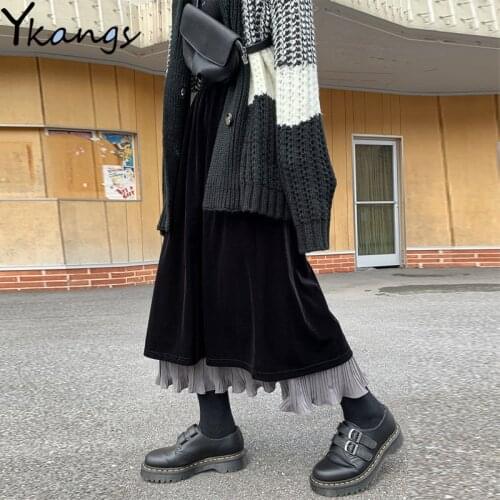 Winter Vintage Velvet Pleated Skirts Women Black Stitching High Waist Long Retro Velour Skirt Korean Style Female Faldas Saias