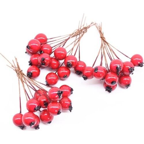 50Pcs 10mm Artificial Flower Red Fruit Stamens Cherry Christmas Plastic Pearl Berries for Wedding DIY Gift Box Decorated Wreaths