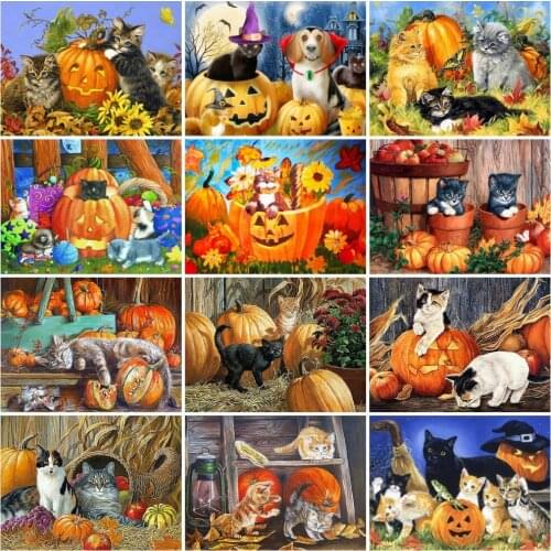 AZQSD 5D Halloween Diamond Painting Cat Handmade Gift Diamond Embroidery Animals Mosaic Needlework Childrens Room Decor