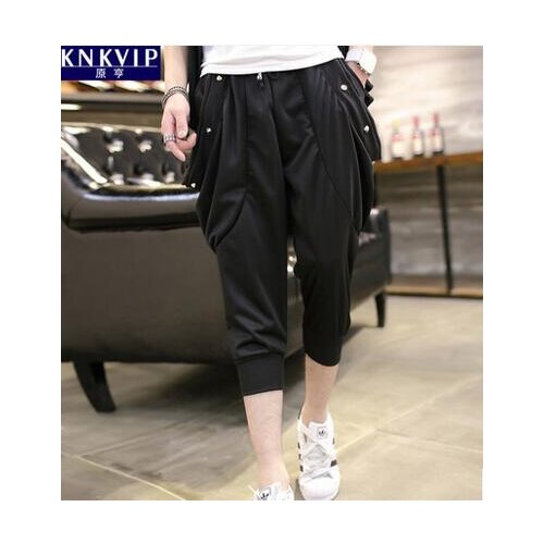 Free shipping ! Harem trousers mens summer thin slim teenage casual small feet trousers mens male capris black M - 3XL