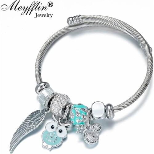 Meyfflin Cuff Bracelets for Women Trendy Silver Owl Crystal Beaded Feather Bracelet & Bangle Pulseras Fashion DIY Charm Jewellry