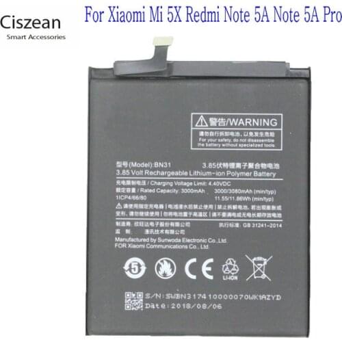 Ciszean 1x BN31 BN-31 3080mAh Battery Replacement Battery For Xiaomi Mi 5X Mi5X / Redmi Note 5A 5A pro / Mi A1 / Redmi Y1 Lite
