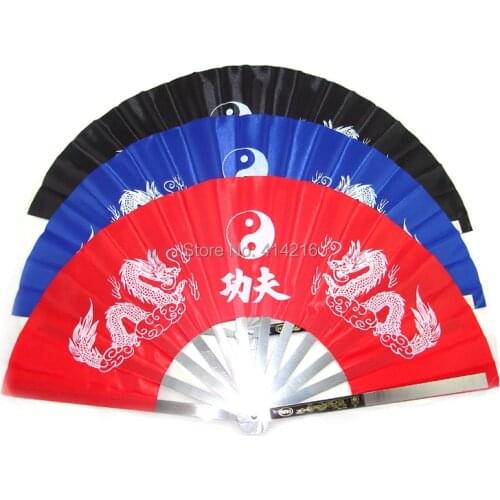 Fitness stainless steel tai chi fan martial artsshirts kung fu taichi taiji performance two dragons fans 3colors