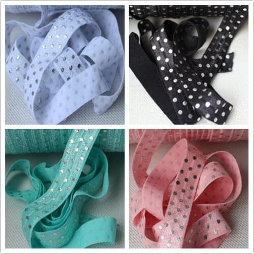 14 colors 5/8" silver foil polka dots printed FOE fold over elastic for FOE ties garment cloth accessories 100 yards per lot