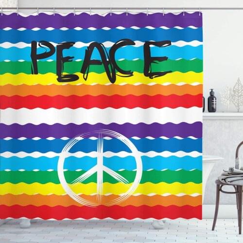 Hippie Bohemian Shower Curtain Yoga Decor Peace Sign Symbol Rainbow Flag Unique Colorful Theme Multicolor Stripes Love Bathroom