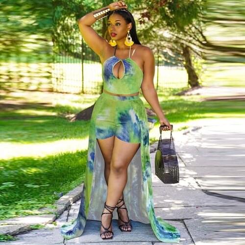 Gradient Tie Dyeing Print Two Piece Matching Set Women Hollow Front Backless Camisole Tops and Culottes Short Maxi Skirt Suits