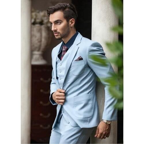 Handsome Baby Blue Groom Tuxedos Slim Fits Mens Evening Dress Toast Suits Coat Waistcoat Trousers (Jacket+Pants+Vest+Tie) W:129