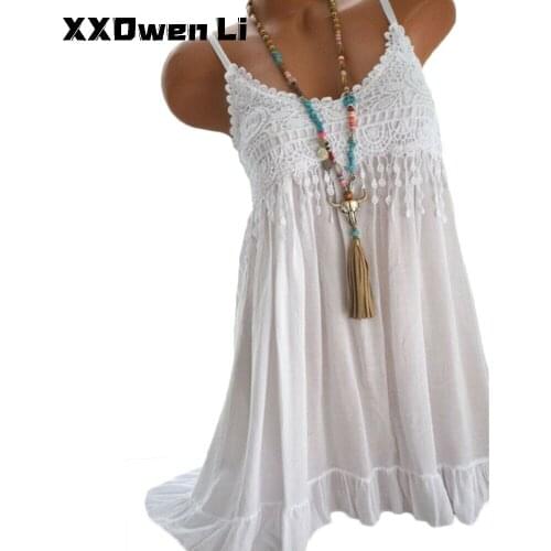 Summer Woman Casual Loose Spaghetti White Lace Mini Dress Beach Camisole Ruffles Plus Size Vacation Beach Sexy Dress For Women