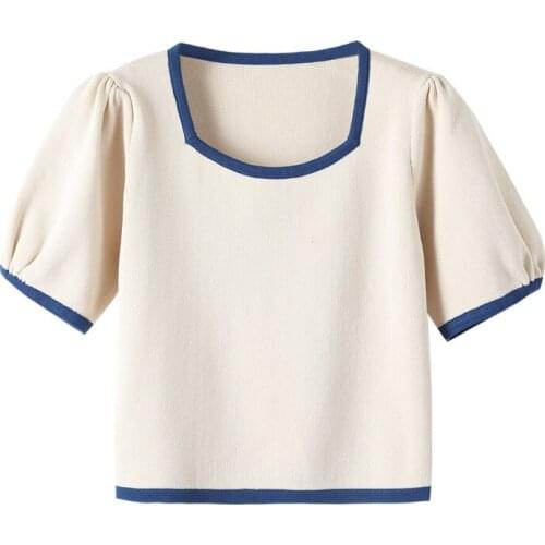 Summer Womens Square Neck T-shirt Short Puff Sleeve Retro French Top 2021 New Products