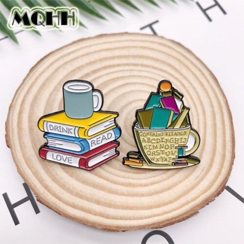 Cartoon Fun Retro Book Cup Learn Love Enamel Brooch Badge Cowboy Clothes Bag Pin Cute Accessories Women Jewelry Gift For Friends