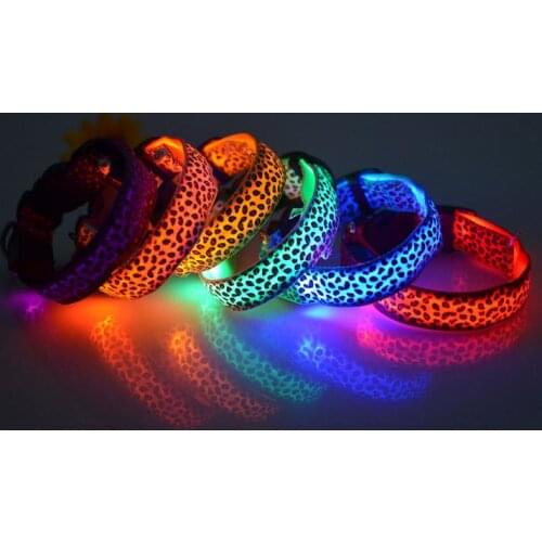Adjustable Pet Cat Dog Glow LED Flashing Safety Collar Light Up Luminous LED Nylon Neck Strap Leopard Dog Collars 100pcs SN3474