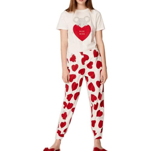 Sleepwear Womens Cotton Pajamas Heart Print Pajamas for Women Short Sleeves Long Pants Women Pajama Sets