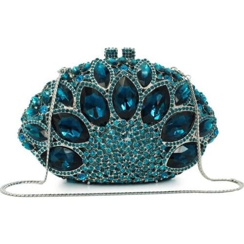 2018 New Fashion Gold Metal Clutch Blue Rhinestone Women Clutches Party Purse Evening Bags Dinner Bag Mini Ladies Chain Pochette