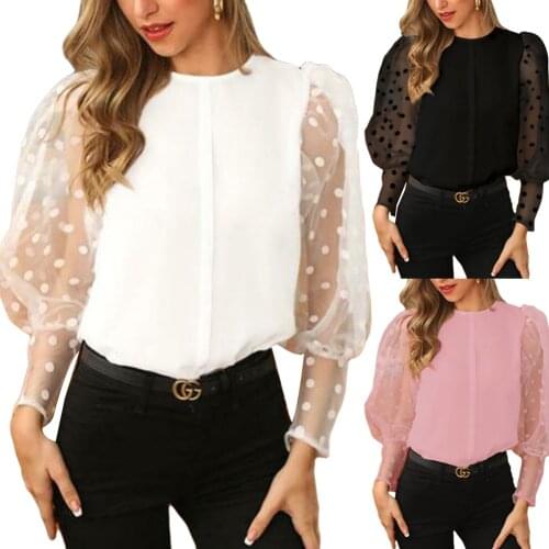 Casual Female Lace Tops Sexy Long Translucent Sheer Mesh Dot Blouse Elegant Streetwear Puff Sleeve