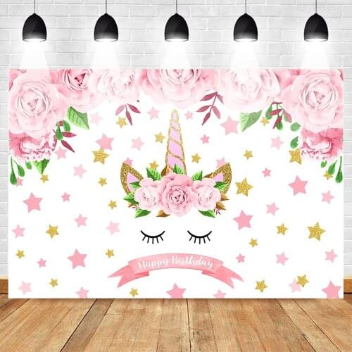 Pink Unicorn Birthday Backdrop Girls Unicorn Party Glitter Stars Floral Photo Background Cake Table Birthday Decorations