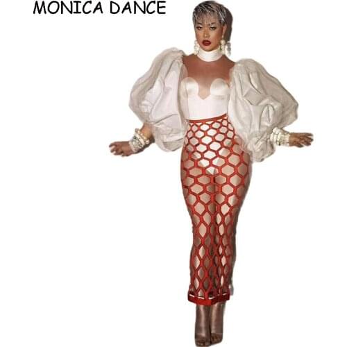 Sexy Nightclub Stage Bar Costume White Lantern Sleeve Spandex Plaid Hollow Dress Women Birthday Celebrate Prom Fashion Outfit