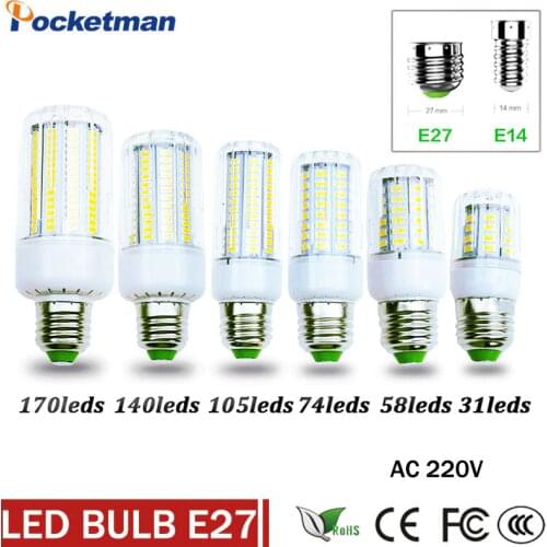 Super LED Bulb E27 E14 220V SMD 5730 LED Lamp 31 58 74 105 140 170leds 5730SMD LED Corn Bulb light Chandelier Free Shipping