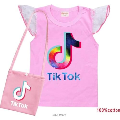 Tik Tok Summer Girls Kids Flare White Mesh Sleeve Cotton T Shirt Baby Children Cute T-shirt Tops Tees Home Clothes +Bag