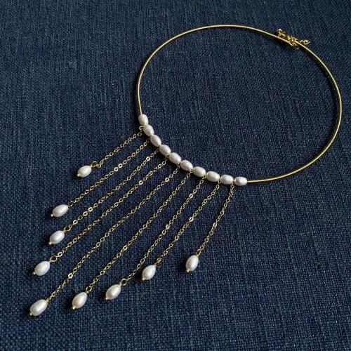 YYGEM Festoon Necklace Freshwater Cultured White rice Pearl Gold color chain Choker Necklace 17" Women Jewelry