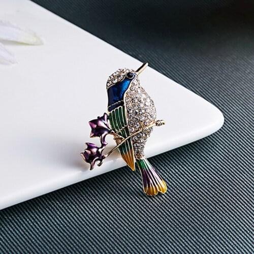 1PC Retro Rhinestone Bird Brooches For Women Flower And Magpie Pins Shining Animal Jewelry Design Enamel Pin Gifts For Women