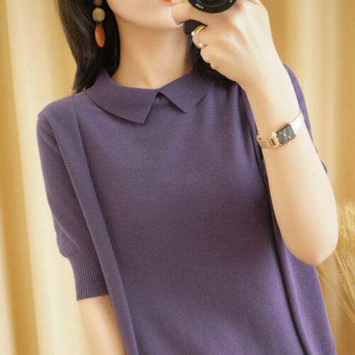 Womens T-Shirt 2021 Spring Autumn New Cotton Jumpers Doll Collar Short Sleeve Soft Casual Comfortable Tops Female Costume