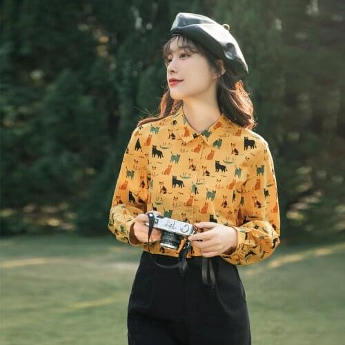 INMAN 2021 Spring New Arrivals Womens Cotton Shirt Versatile Retro Hong Kong Printed Long Sleeve Shirt Top