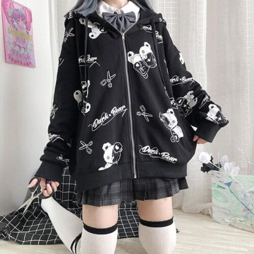Y2k Oversized hoodie Gothic Bear print Black Sweatshirt Zip Up Hoodies Korean Fashion street style Long Sleeve Womens jacket