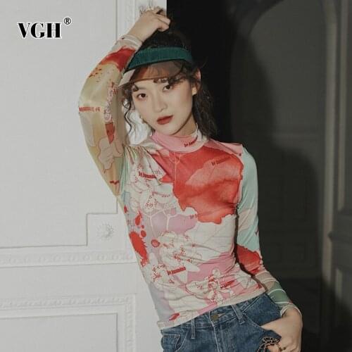 VGH Hit Color Vintage T Shirt For Women Turtleneck Long Sleeve Slim Print T Shirts Female Fashion New Clothing 2021 Tide Spring