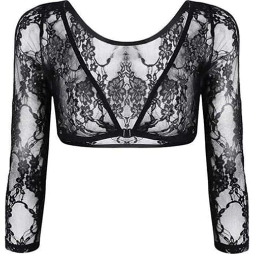 Women Summer Long Sleeve Top Short Thin Perspective Shawl Shrug Tops V-Neck Mesh Sexy Lace Blouse Female Shirt