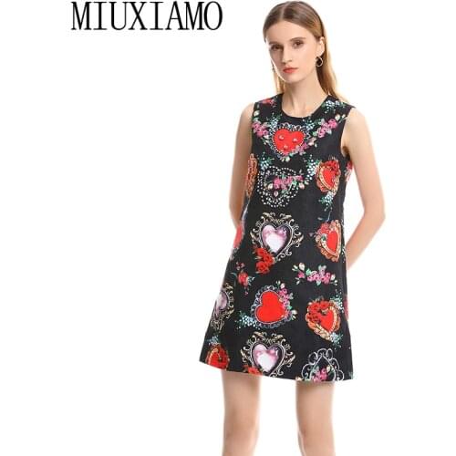 High Quality 2019 Summer Newest Casual A-Line O-Neck Sleeveless Diamonds Heart-Shaped Flowers Print Tank Above Knee Dress Women