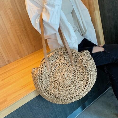 2021 Summer Round Straw Bags for Women Rattan Shoulder Bag Handmade Woven Beach Handbags Female Messager Handbag Totes Bag