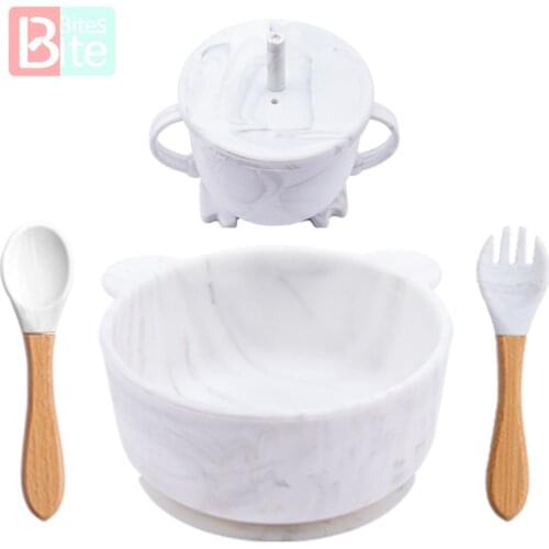 4PC/Set Silicone Baby Feeding Set Solid Color Panda Suction Tableware Wooden Fork Spoon Baby Feeding Cups BPA Free Baby Products