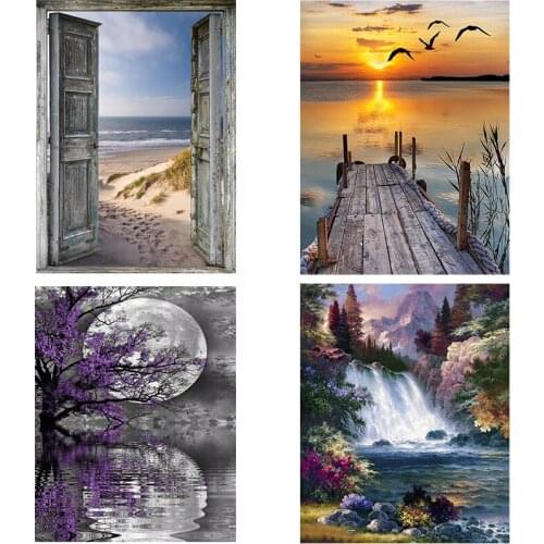 4Pieces/lot DIY 5D Door Diamond Painting Sunset Landscape Cross Stitch Waterfall Diamond Embroidery Full Round Drill Home Decor