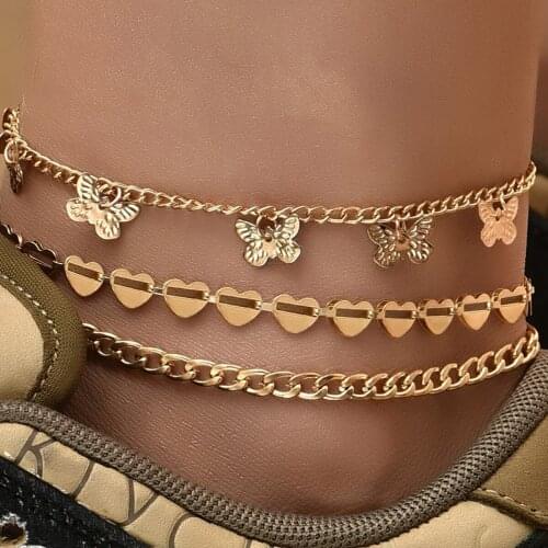 Boho Metal Butterfly Hollow Heart Chain Anklet Set Womens Summer Charm Sandals Barefoot Beach Anklets Bracelet Bridal Jewelry