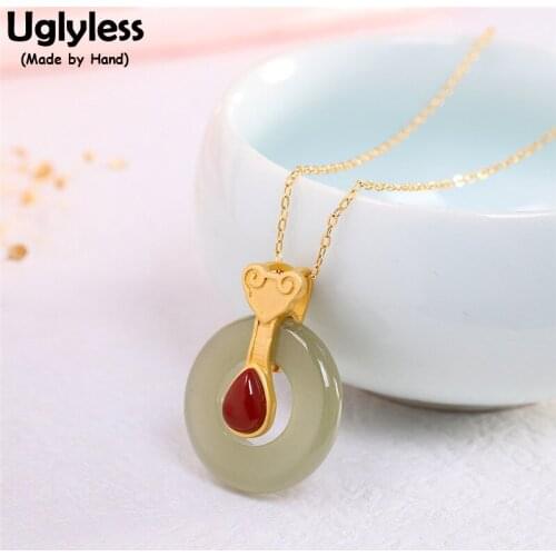 Uglyless China Cultural RUYI Retro Heart-shape Rero Necklaces for Women Natural Hotan Jade Circle Pendants + Chains 925 Silver