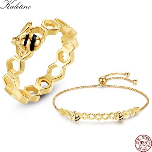 KALETINE Designer Jewelry Luxury Bee Honeycomb Bracelet Rings For Women Men Fashion Gifts For Women Yellow Gold Jewelry Sets
