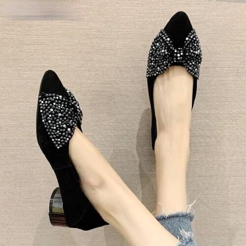 Classic Rhinestone Bow Fashion Shoes Black Frosted Sheepskin Genuine Leather Shoes Woman Low Heel Shoe Large Size 35-40