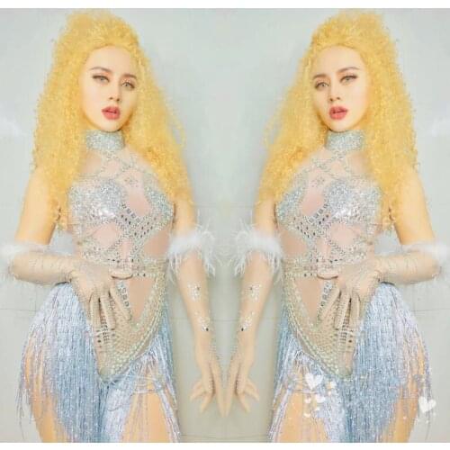 Shining Rhinestones Bodysuit Blue Tassels Leotard Jumpsuit Female Singer Star Party Birthday Celebration One Piece Stage Outfits