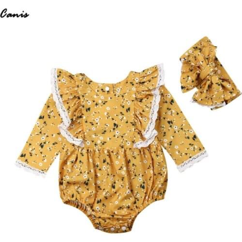 Free shipping 2pcs Newborn Baby Girls Floral Cotton Romper Bodysuit Jumpsuit Headband Outfits