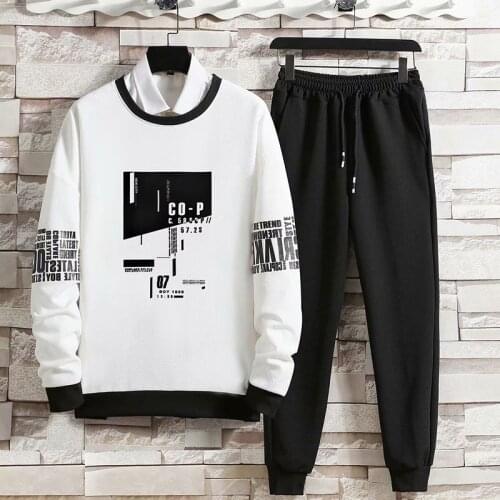 Spring Autumn Mens Sets Hip Hop Long Sleeve Print T Shirts+Solid Color Jogger Casual Pants Fashion 2 for Sets Men Clothing Sets